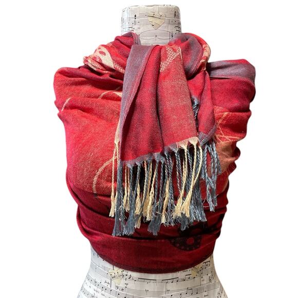 Reversible Red & Tan Butterfly Star Woven Pashmina Shawl Wrap - Picture 2 of 4